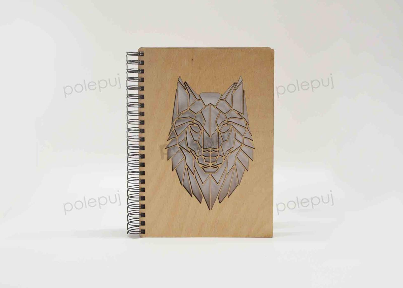 Bloky /sešity, zápisníky, knihy/ s dřevěnými deskami gravírované - motiv vlk
