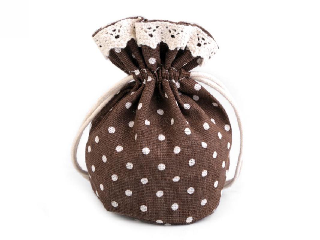 Lněný pytlík s puntíky a krajkou / hnědý - obal na dárky, bylinky a jiné drobnosti